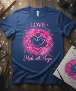 LOVE Made with Magic t-shirt with pink heart hands, roses, and crystals. Inspirational quote design in neon pink