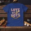 "Love My Boys" text design with baseballs and bats, featuring red and white lettering on a blue t-shirt