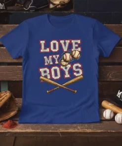 "Love My Boys" text design with baseballs and bats, featuring red and white lettering on a blue t-shirt