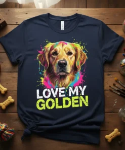 Love My Golden t-shirt with a colorful Golden Retriever dog portrait and bold text design