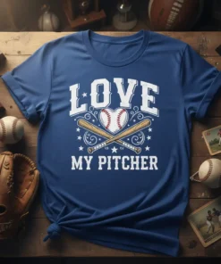 Love My Pitcher text with baseball heart and crossed bats graphic on a blue t-shirt