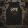 Gothic "Love Never Dies" text with a thorny black rose and red dripping blood graphic on a black tank top