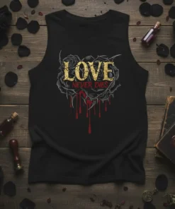 Gothic "Love Never Dies" text with a thorny black rose and red dripping blood graphic on a black tank top