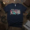 Neon LOVE text with medical symbols like stethoscope, syringe, and nurse cap on a navy t-shirt