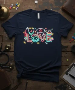 Neon LOVE text with medical symbols like stethoscope, syringe, and nurse cap on a navy t-shirt