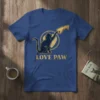 Love Paw t-shirt design featuring a black cat reaching for a human hand, with gold accents and text