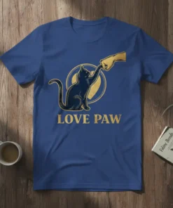 Love Paw t-shirt design featuring a black cat reaching for a human hand, with gold accents and text