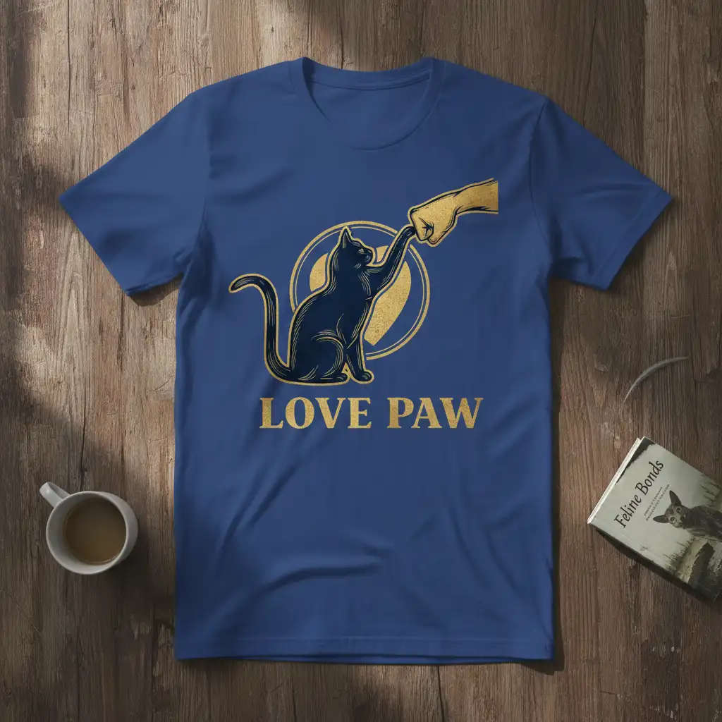 Love Paw text and graphic design of a cat touching a human hand, printed on a royal blue t-shirt