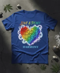 T-shirt with "LOVE & PEACE HARMONY" text and a rainbow heart made of cannabis leaves