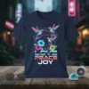 Love Peace Joy text with colorful hummingbirds and hibiscus flowers design on a navy t-shirt