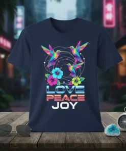 Love Peace Joy text with colorful hummingbirds and hibiscus flowers design on a navy t-shirt