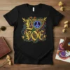 LOVE Peace Sign Heart design with golden ornate letters and colorful paisley patterns on a black t-shirt