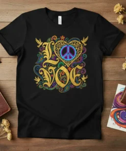 LOVE Peace Sign Heart design with golden ornate letters and colorful paisley patterns on a black t-shirt