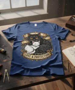 Love & Protection T-Shirt design featuring a black cat embracing a white kitten, with ornate gold banner