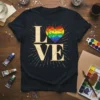 LOVE Rainbow Heart T-Shirt with vibrant LGBTQ colors, text "LOVE" and radiant sunburst graphic