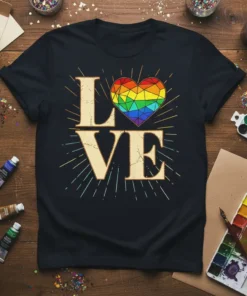 LOVE Rainbow Heart T-Shirt with vibrant LGBTQ colors, text "LOVE" and radiant sunburst graphic