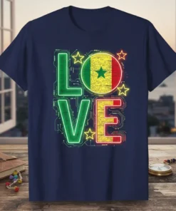 LOVE Senegal Flag graphic tee design with neon-style letters and stars