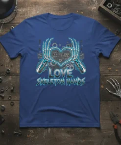 Love Skeleton Hands t-shirt design with a gothic heart made of skeleton hands and gears