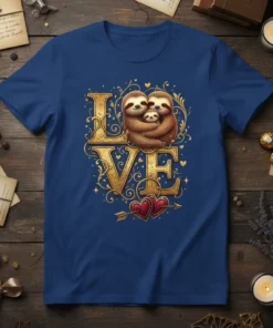 Love Sloth Family Hug T-Shirt with gold ornate lettering and three sloths embracing, perfect for Valentine's Day