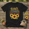 Black t-shirt featuring the text "Love Sunflowers & Ladybugs" with sunflower and ladybug graphics