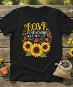 Black t-shirt featuring the text "Love Sunflowers & Ladybugs" with sunflower and ladybug graphics