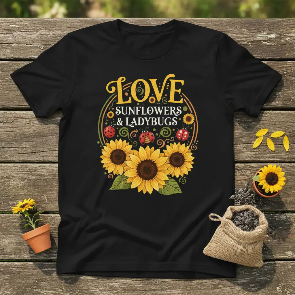 Love Sunflowers & Ladybugs text design with vibrant sunflowers and cute ladybug illustrations on a black t-shirt