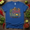 LOVE TACOS text design with a cute taco, sombrero, cactus, and mustache graphic