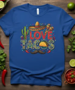 LOVE TACOS text design with a cute taco, sombrero, cactus, and mustache graphic