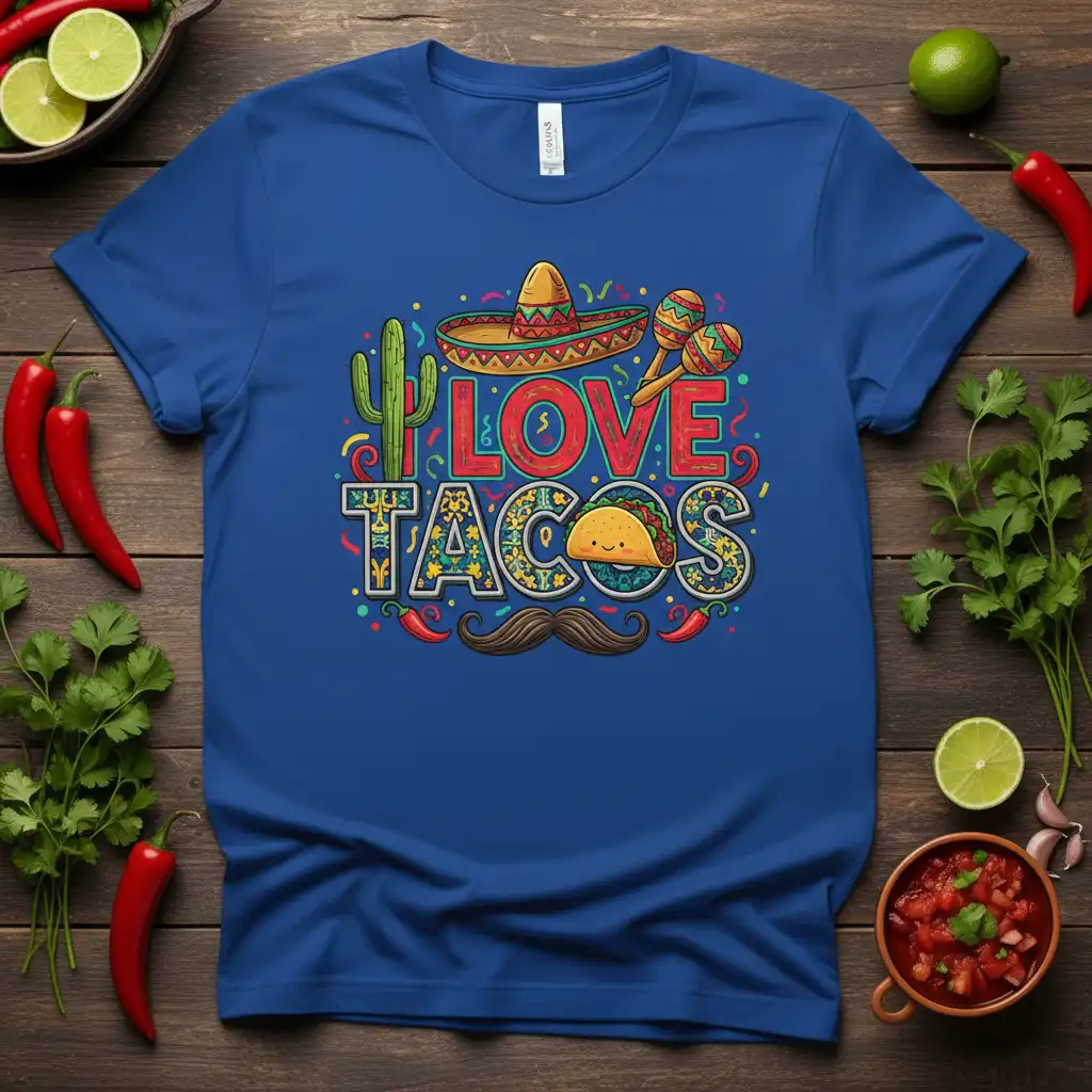 Vibrant LOVE TACOS graphic tee with festive Mexican elements and a cute taco