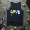 LOVE tennis graphic tank top with tennis ball and racquets design, navy blue, for tennis players