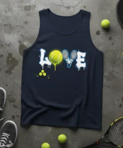 LOVE tennis graphic tank top with tennis ball and racquets design, navy blue, for tennis players