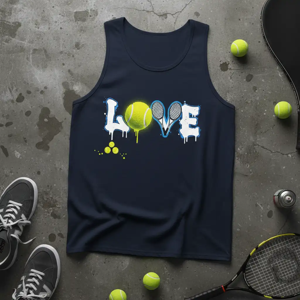 LOVE tennis design with tennis ball and racquets, graffiti style, on navy tank top