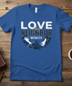 Christian T-Shirt with "LOVE thy NEIGHBOR MATTHEW 22:39" text and diverse hands reaching out graphic