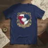 Love & Unity shield design t-shirt with three hearts in red, white, and blue, featuring ornate gold border
