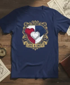 Love & Unity shield design t-shirt with three hearts in red, white, and blue, featuring ornate gold border