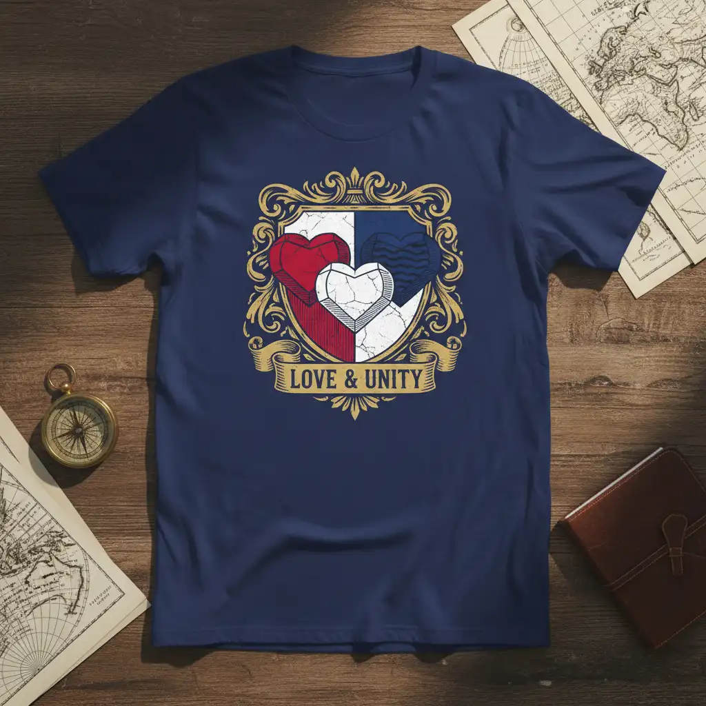 Love & Unity shield design t-shirt with red, white, and blue hearts and gold embellishments