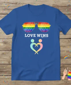 Love Wins T-Shirt with rainbow sunglasses and embracing figures design for LGBTQ pride support