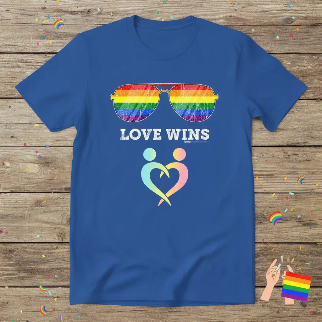 Love Wins text with rainbow aviator sunglasses and heart-forming figures on a blue tee