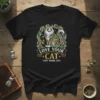 Black t-shirt with "Love Your Cat Live Your Life" text and ornate cat graphic, featuring gold and teal embellishments