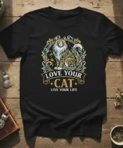 Black t-shirt with "Love Your Cat Live Your Life" text and ornate cat graphic, featuring gold and teal embellishments