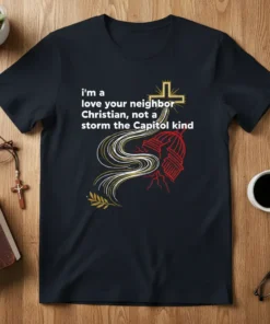 Christian t-shirt with the quote "i'm a love your neighbor Christian, not a storm the Capitol kind" and a graphic