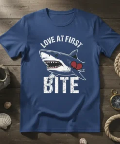 Love At First Bite shark graphic t-shirt with white text and a broken heart detail