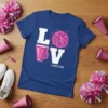 Blue t-shirt with "LOVE #CHEERLEADING" design featuring a megaphone and pom-pom graphic