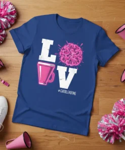 Blue t-shirt with "LOVE #CHEERLEADING" design featuring a megaphone and pom-pom graphic