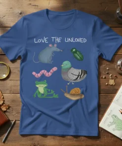 T-shirt with "Love The Unloved" text and watercolor-style illustrations of a mouse, beetle, worm, pigeon, frog, and snail