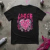 Black t-shirt featuring the word "Lover" in pink graffiti font above a cracked pink heart with band-aids and skeleton hands