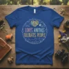 Loves Animals Tolerates People quote on a blue t-shirt surrounded by animal silhouettes and a paw print heart graphic