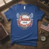 Christian patriotic t-shirt with text "loves Jesus and America too" featuring eagles and American flags