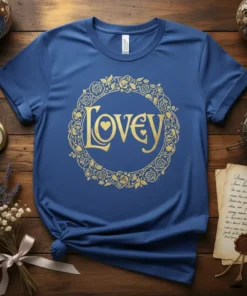 Blue t-shirt with "Lovey" text inside a golden floral circular design