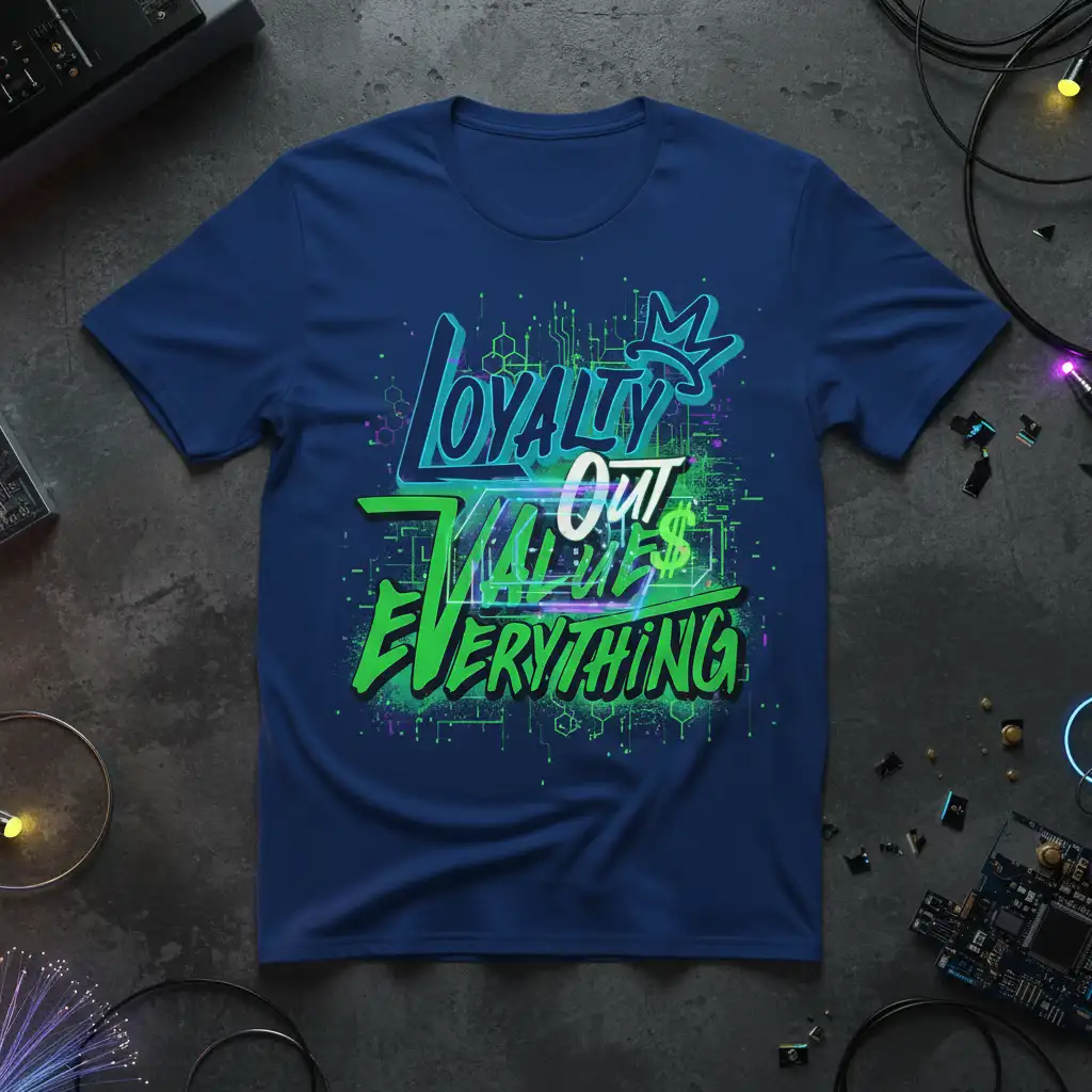 Loyalty Out Value Everything quote design with neon green and teal text on a dark background